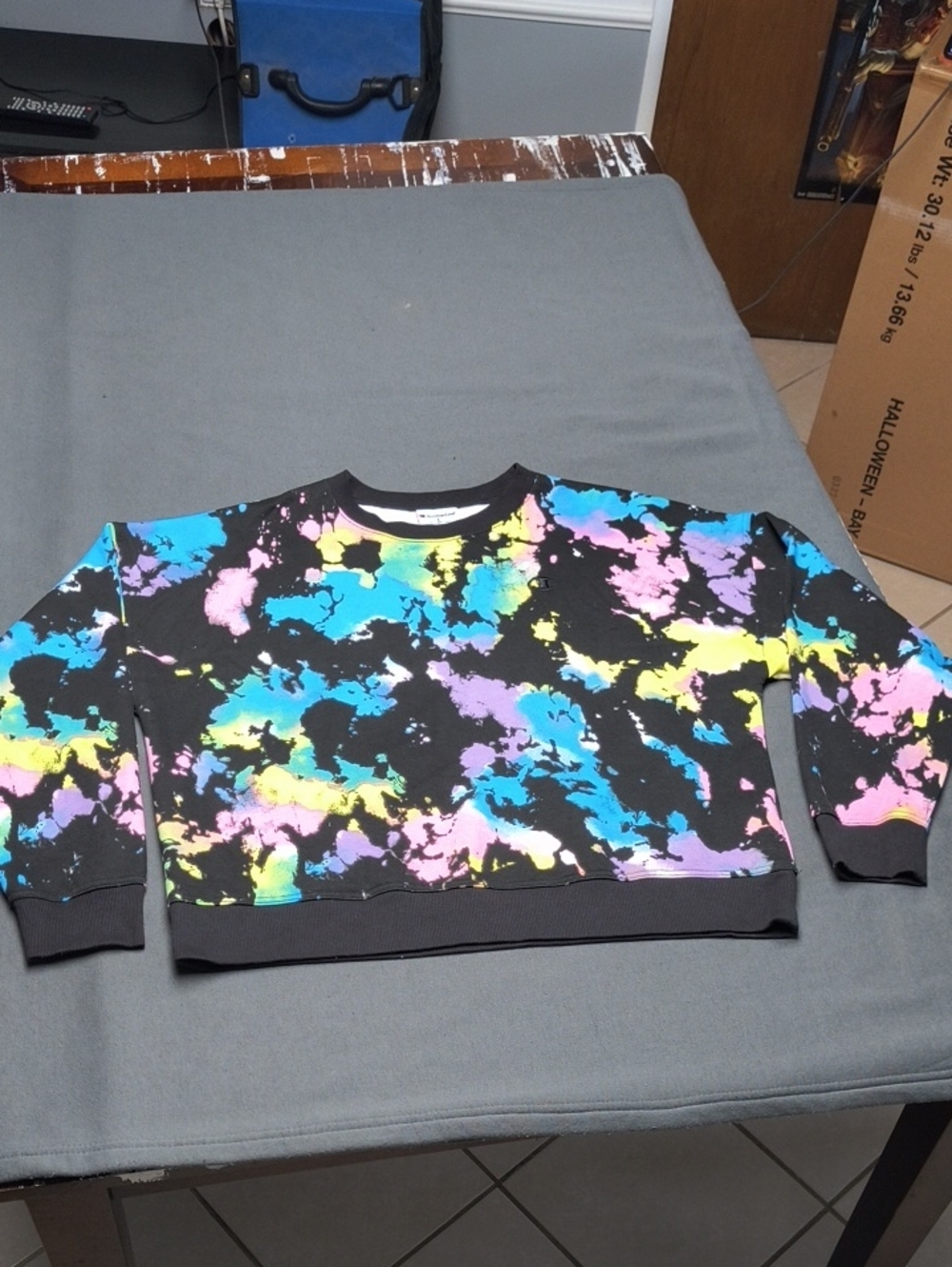 Champion Black Crewneck Sweater with Pastel Tie-Dye